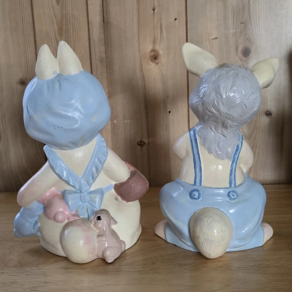 Vintage Byron Mold Easter Bunny Rabbit Figurines Set of 2 Hand-Painted 1970s